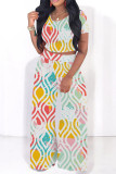 Casual Street Geometric Print Contrast O Neck Short Sleeve Two Pieces