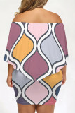 Sexy Geometric Print Irregular Contrast Off Shoulder Printed Plus Size Dresses