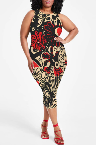 Casual Geometric Print Floral Print Contrast O Neck Printed Plus Size Dresses