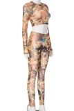 Casual Print Patchwork O Neck Long Sleeve Two Pieces