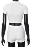 Sexy Solid Color Patchwork Zipper Zipper Collar Short Sleeve Two Pieces