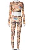Casual Print Patchwork O Neck Long Sleeve Two Pieces