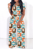 Casual Street Geometric Print Contrast O Neck Short Sleeve Two Pieces