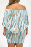 Casual Striped Print Irregular Contrast Off Shoulder Printed Plus Size Dresses