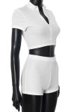 Sexy Solid Color Patchwork Zipper Zipper Collar Short Sleeve Two Pieces
