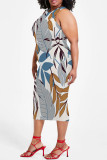 Casual Geometric Print Floral Print Contrast O Neck Printed Plus Size Dresses