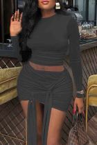 Sexy Solid Color Patchwork Ruched Strap Design O Neck Long Sleeve Two Pieces