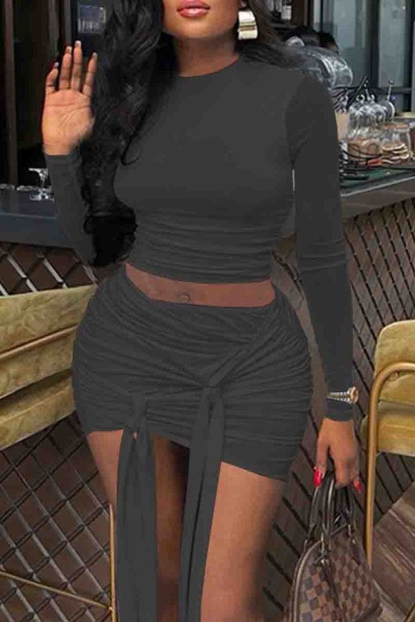 Sexy Solid Color Patchwork Ruched Strap Design O Neck Long Sleeve Two Pieces