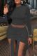 Sexy Solid Color Patchwork Ruched Strap Design O Neck Long Sleeve Two Pieces
