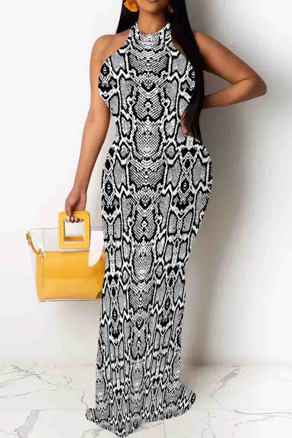 Casual Snakeskin Print Patchwork O Neck Long Dresses