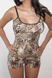 Sexy Leopard Print Patchwork Backless Spaghetti Strap Sleeveless Two Pieces