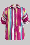 Casual Colorblock Buckle Patchwork Turndown Collar Plus Size Tops