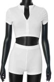 Sexy Solid Color Patchwork Zipper Zipper Collar Short Sleeve Two Pieces