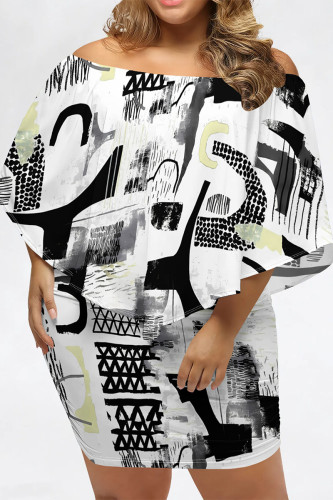Sexy Geometric Print Irregular Contrast Off Shoulder Printed Plus Size Dresses