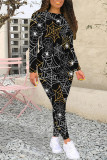 Casual Daily Graffiti Print Contrast O Neck Long Sleeve Two Pieces
