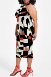 Casual Geometric Print Floral Print Contrast O Neck Printed Plus Size Dresses