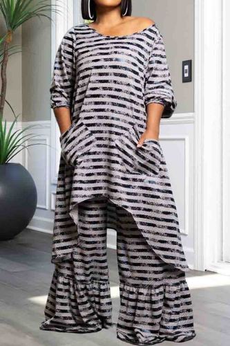 Street Stripe Pocket Patchwork O Neck Plus Size Two Pieces