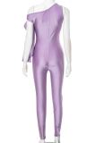 Street Solid Color Patchwork Backless Strap Design Oblique Collar Skinny Jumpsuits