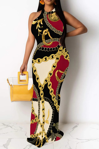 Sexy Colorblock Chain print Contrast O Neck One Step Skirt Dresses