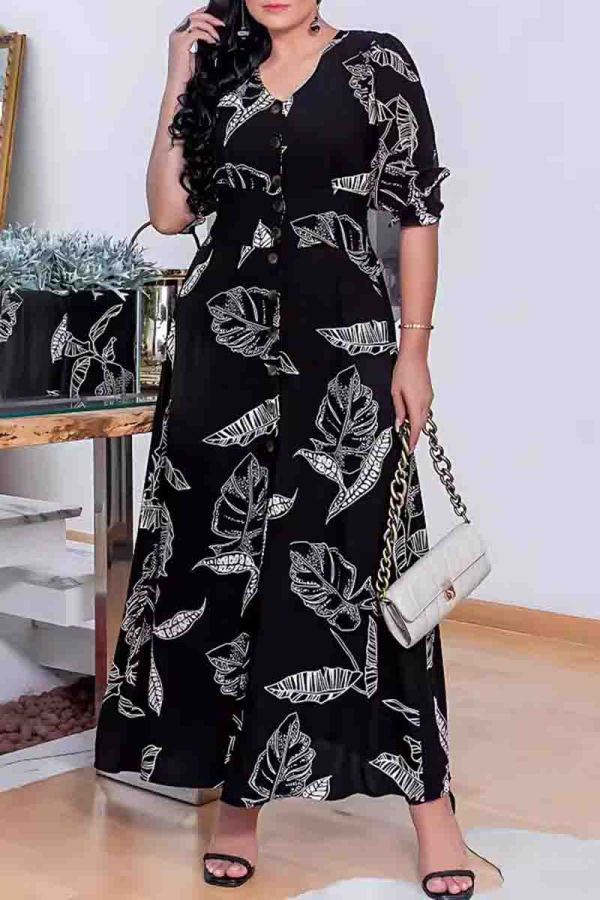 Elegant Print Buckle Patchwork V Neck Long Dresses