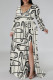 Elegant Geometric Print Flowers Faux Denim Print Lace Up Slit Contrast V Neck Printed Plus Size Dresses