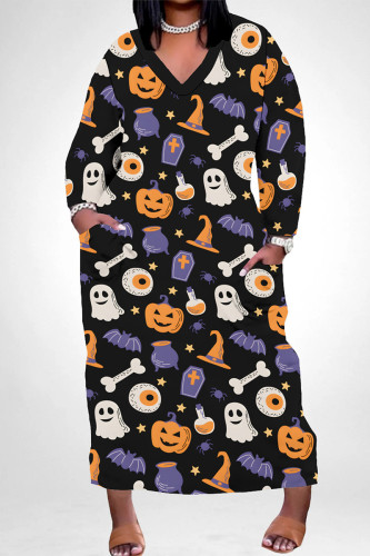 Casual Skull Head Graffiti Print Pocket Contrast V Neck Printed Plus Size Dresses