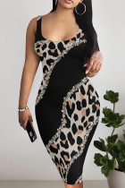 Sexy Leopard Print Chain print Contrast U Neck One Step Skirt Dresses