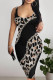 Sexy Leopard Print Chain print Contrast U Neck One Step Skirt Dresses
