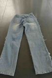 Street Solid Color Ripped Buttons Patchwork Zipper Mid Waist Straight Denim Jeans