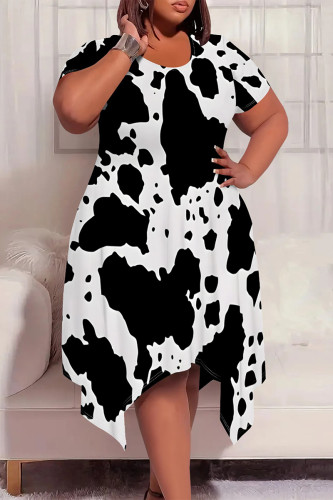 Casual Plaid Geometric Print Pocket Contrast O Neck Short Sleeve Plus Size Dresses