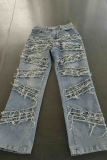 Street Solid Color Ripped Buttons Patchwork Zipper Mid Waist Straight Denim Jeans