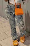 Street Solid Color Ripped Buttons Patchwork Zipper Mid Waist Straight Denim Jeans