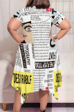 Casual Newspaper printing Irregular Contrast O Neck Printed Plus Size Dresses