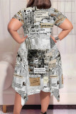 Casual Newspaper printing Irregular Contrast O Neck Printed Plus Size Dresses