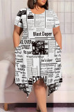 Casual Newspaper printing Irregular Contrast O Neck Printed Plus Size Dresses
