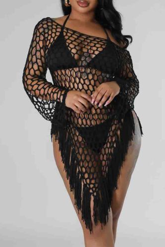 Sexy Solid Color Fringed Trim Hollow Out Patchwork Swimwears Cover Up