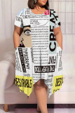Casual Newspaper printing Irregular Contrast O Neck Printed Plus Size Dresses