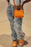 Street Solid Color Ripped Buttons Patchwork Zipper Mid Waist Straight Denim Jeans