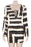 Sexy Print Hollow Out Patchwork V Neck Wrapped Skirt Dresses