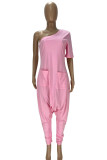 Casual Solid Color Pocket Backless Oblique Collar Fitted Jumpsuits