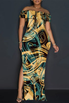 Sexy Striped Print Slit Contrast Off Shoulder Printed Dresses