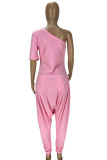 Casual Solid Color Pocket Backless Oblique Collar Fitted Jumpsuits