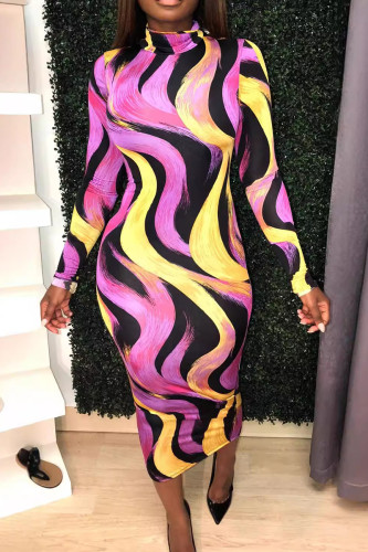 Elegant Print Patchwork Half A Turtleneck Wrapped Skirt Dresses