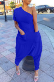 Casual Solid Color Pocket Backless Oblique Collar Fitted Jumpsuits