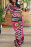 Elegant Print Patchwork O Neck Long Dresses