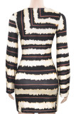 Sexy Print Hollow Out Patchwork V Neck Wrapped Skirt Dresses