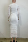 Elegant Solid Color Buckle Patchwork O Neck Long Dresses