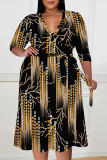 Elegant Floral Print Lace Up Contrast V Neck Printed Plus Size Dresses