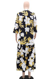 Elegant Print Pocket Patchwork Turndown Collar Long Dresses