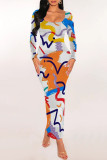 Elegant Geometric Print Contrast U Neck One Step Skirt Dresses